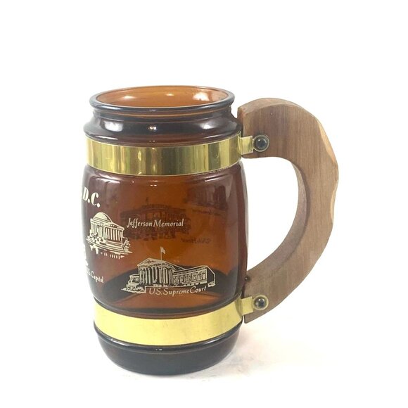 Vintage Siesta Ware Washinton DC Mug Patriotic Graphics Brown Glass Wood Handle - Picture 2 of 4